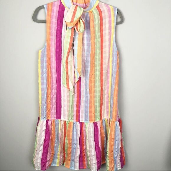 MARIE OLIVER | Striped Multicolor Silk High Neck Drop Waist Dress Women’s Small - Picture 5 of 9